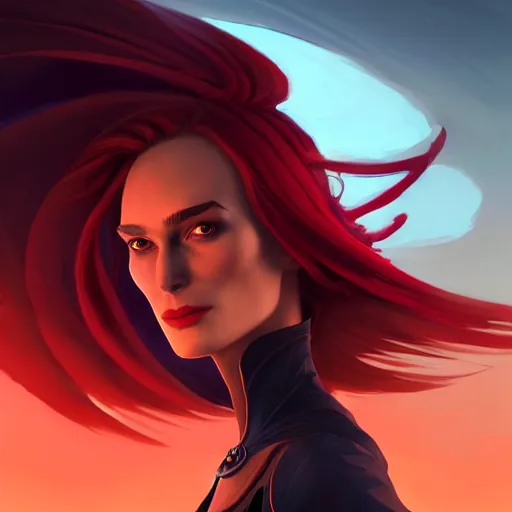 Prompt: beautiful female mage with red hair, keira knightley, black clothing, dark feathered wings, intricate, highly detailed face, cory behance hd by jesper ejsing, by rhads, makoto shinkai and lois van baarle, ilya kuvshinov, rossdraws global illumination