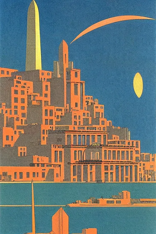 Prompt: resplendent art deco print of Washington, DC, Italy by Hasui Kawase and Lyonel Feininger