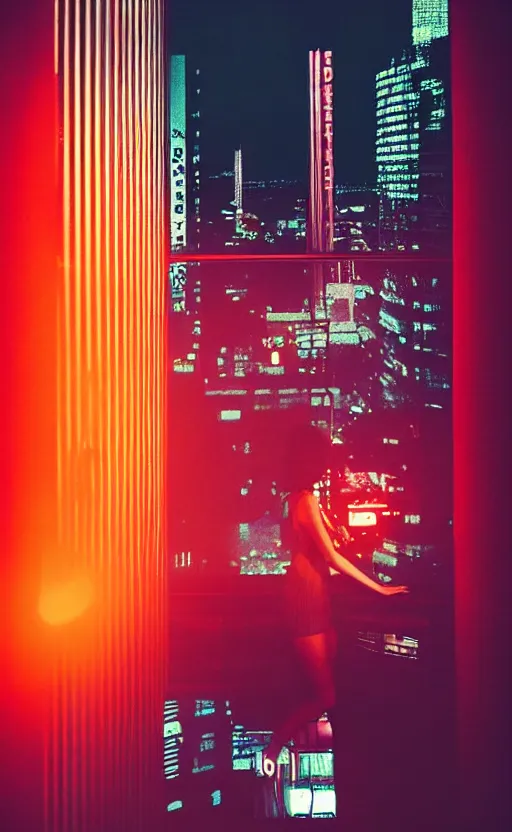 Prompt: vertical phot, girl in 7 0's retro club, editorial, fashion, neon - decorated urban on night in the city seen through the window, modern architecture design, vintage, night, blade runner, dark, clean lines, asian futuristic city at distance, big windows, octane, wide angle