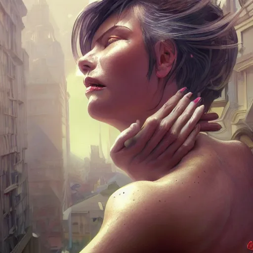 Image similar to giantess woman swallowing a person whole, intricate, highly detailed, digital painting, artstation, concept art, smooth, sharp focus, illustration, unreal engine 5, 8 k, art by artgerm and greg rutkowski and alphonse mucha