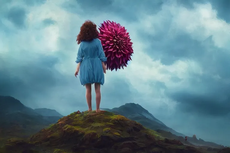 Image similar to closeup giant dahlia flower as head, girl standing on mountain, surreal photography, blue storm clouds, dramatic light, impressionist painting, digital painting, artstation, simon stalenhag