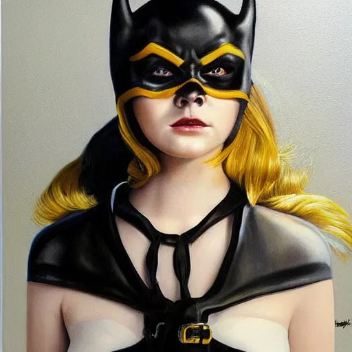 Image similar to a striking hyper real painting of Elle Fanning as batgirl, dark, metal, occult, by Edward Hughes