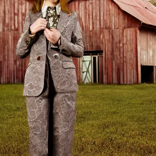 Image similar to barn owl wearing a suit, barn on dresses by emidio tucci, very detailed, album photo, canon shot