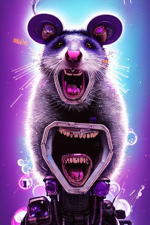 Image similar to a beautiful portrait of a cute cyberpunk opossum screaming by sandra chevrier and greg rutkowski and wlop, purple blue color scheme, high key lighting, volumetric light, digital art, highly detailed, fine detail, intricate, ornate, complex, octane render, unreal engine, photorealistic