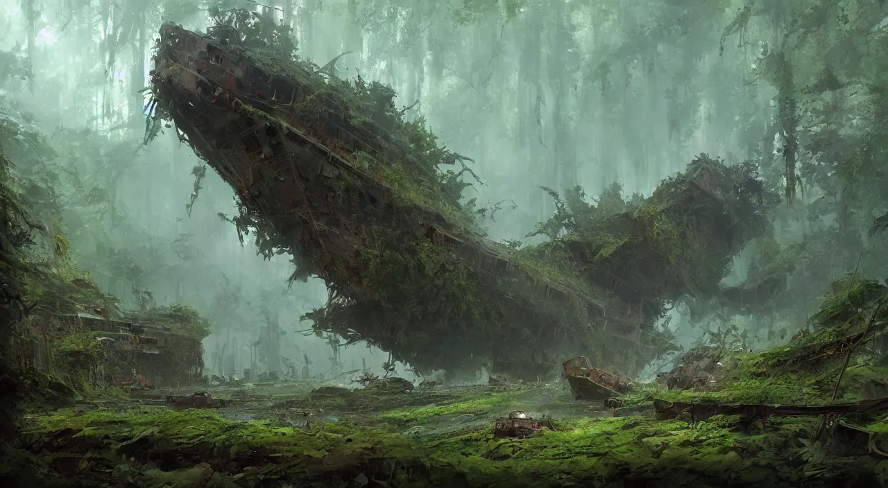 Image similar to rusty ship wreck in a lush forest, sci-fi, ivy, moss, concept art by Ruan Jia and Greg Rutkowski and Sparth, global illumination