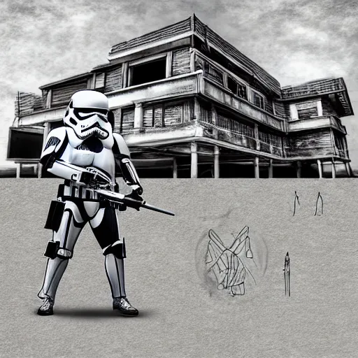 Image similar to An Imperial Stormtrooper dressed as a CEO holding a pencil in a bungalow on the beach, Digital art
