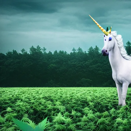 Image similar to a unicorn with wings standing in a field of marijuana eating, wildlife photography, 8 k, highly detailed, ultra realistic