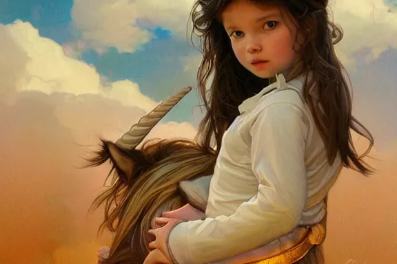 Prompt: little girl in pajamas riding a unicorn, realistic portrait, highly detailed, digital painting, artstation, concept art, smooth, sharp focus, illustration, cinematic lighting, art by artgerm and greg rutkowski and alphonse mucha