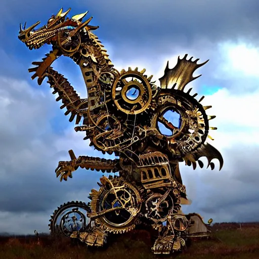 Image similar to colossal metal dragon made of clockwork and gears, flying through the clouds