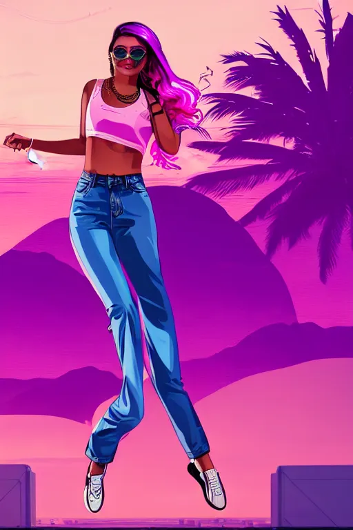 Image similar to a stunning GTA V loading screen with a beautiful dancing woman with ombre purple pink hairstyle, hair blowing in the wind, sunset mood, outrun, vaporware, retro, digital art, trending on artstation