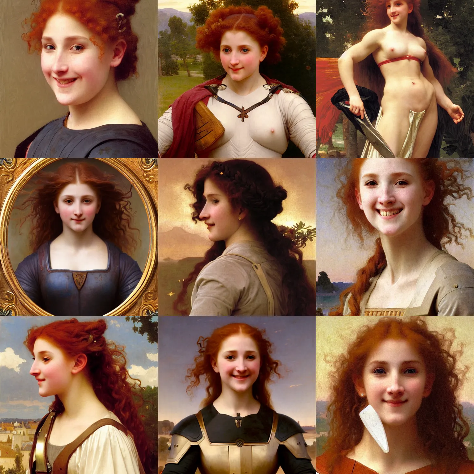 Prompt: Symmetrical cleric of symmetry. Stocky red-haired woman wearing armor. Smiling. Happy. Cheerful. Art by william adolphe bouguereau. During golden hour. Extremely detailed. Beautiful. 4K. Award winning.