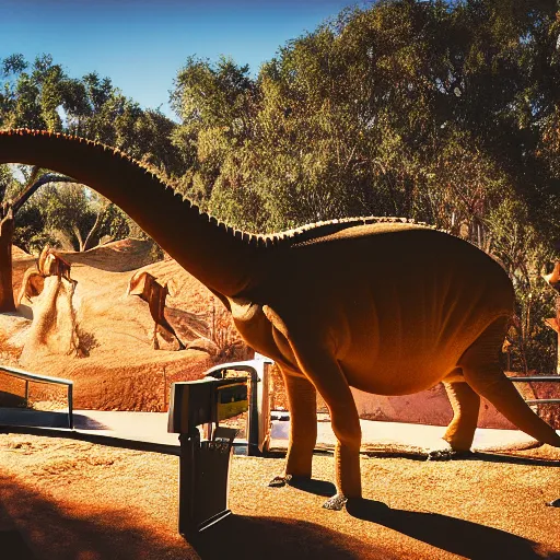 Image similar to photograph of a polaroid of a real brontosaurus exhibit at san diego zoo, tourists in background, bokeh, high definition, slr, golden hour, realistic skin