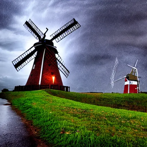 Image similar to a wishing well next to a windmill during a storm