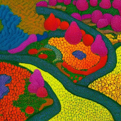 Image similar to painting of a colorful fungus garden in a cave, top-down view, Hiroo Isono