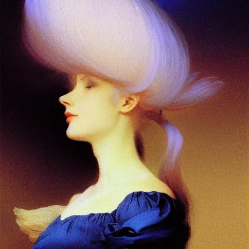 Image similar to a young woman's face, her hair is white and she wears a cobalt blue satin cloak, by ivan aivazovsky and syd mead and moebius and gaston bussiere and roger dean and pieter claesz and paul delaroche and alma tadema and aelbert cuyp and john berkey, hyperrealistic, volumetric light, octane render