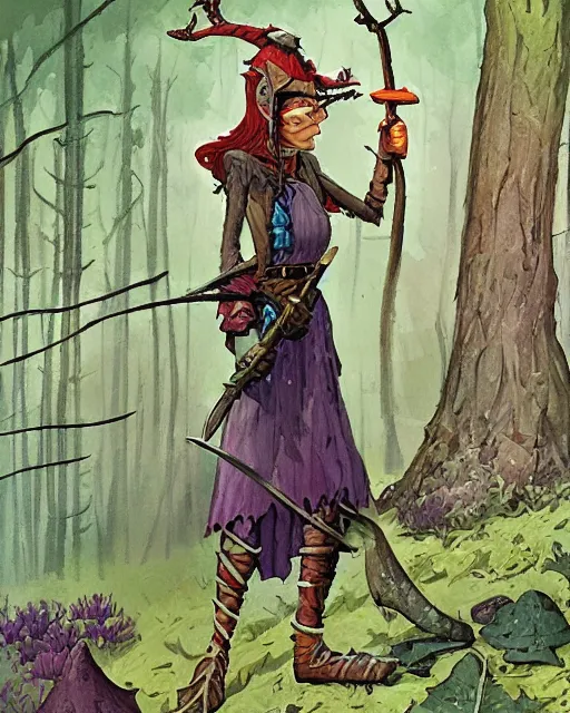 Image similar to moonshine cybin, epic level dnd wood elf spore druidess, wielding a magical sword, wearing magical overalls. covered in various fungi. full character concept art, realistic, high detail digital gouache painting by angus mcbride and michael whelan and jeffrey jones.