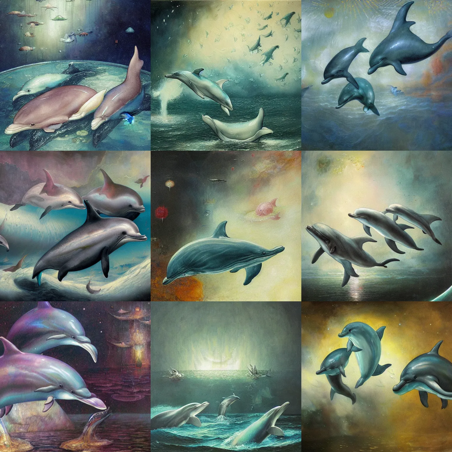 Prompt: a detailed oil painting of calm alien dolphins floating in a colorfully air - filled tank by rembrandt van rijn and santiago caruso, chillwave