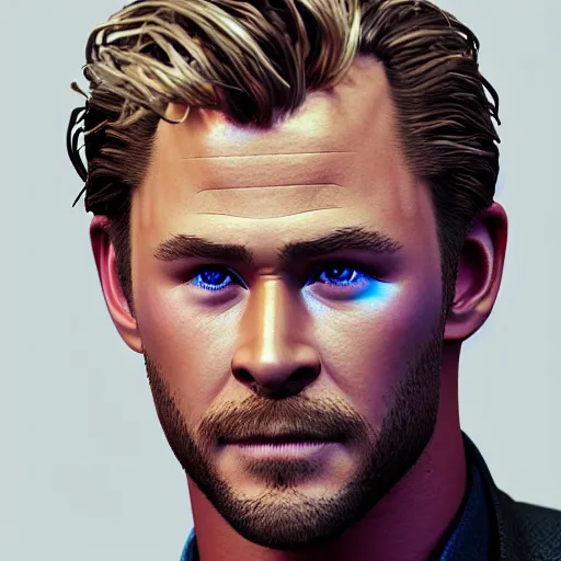 Image similar to Chris Hemsworth and Tom Hiddleston crossbreed, rendered in 3D by Xie Boli, trending on artstation, 4k, 8k, photorealistic imagery, photorealistic details, intricate, highly detailed