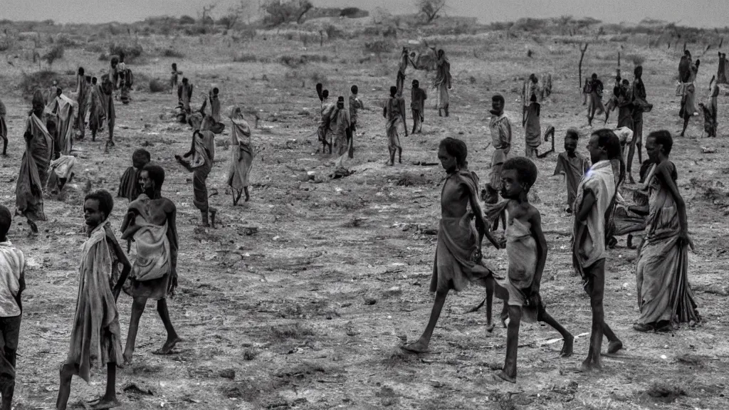 Image similar to 1984 Ethiopian famine and drought as seen in Western TV, moody, dark, movie scene, depth of field, hd, 4k