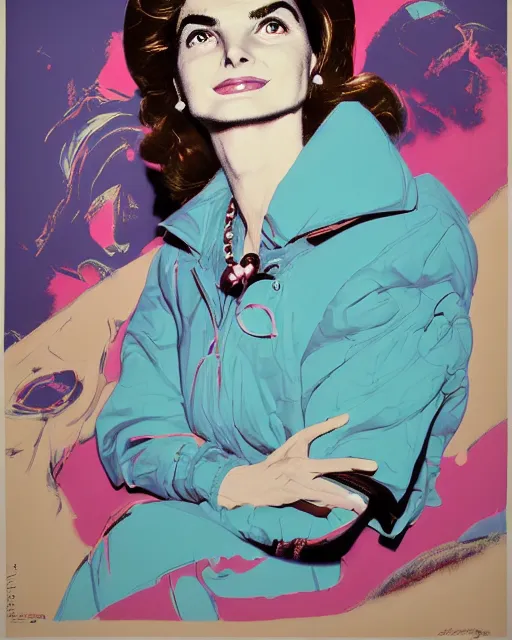 Image similar to beautiful fantasy character portrait, jacqueline kennedy silk screen print by andy warhol, wearing oversized puffy pink bomber jacket and black bikini, ultra realistic, wide angle, seductive pose, cyberpunk artifacts, highly detailed by peter mohrbacher, hajime sorayama, wayne barlowe, boris vallejo, aaron horkey, gaston bussiere, craig mullins