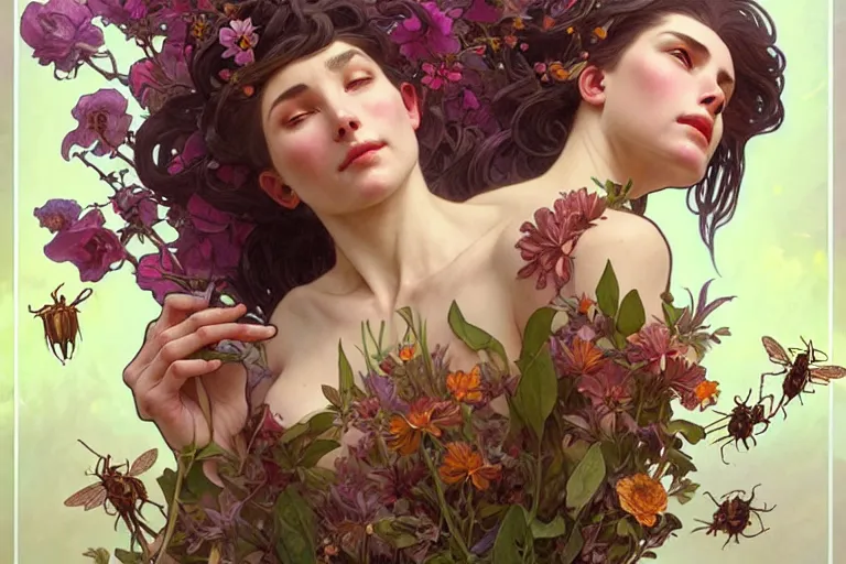 Prompt: the platonic ideal of flowers, growing, insects and praying of ubermench, mix of a woman and a man, d & d, fantasy, ego death, decay, dmt, psilocybin, art by artgerm and greg rutkowski and alphonse mucha