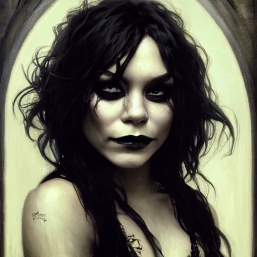 Image similar to beautiful portrait of vanessa hudgens as death from sandman, smiling, by cedric peyravernay, alphonse mucha, by jeremy mann, by lecouffe deharme, goth chic, soft lightning, eyeliner, punk rock, high detailed, 8 k