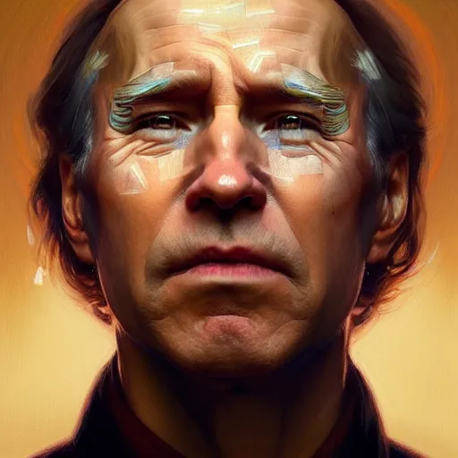 Image similar to Portrait of person, who has half a Putin\'s face and half of a Biden\'s face, D&D, face, fantasy, intricate, elegant, highly detailed, digital painting, artstation, concept art, smooth, sharp focus, illustration, art by artgerm and greg rutkowski and alphonse mucha