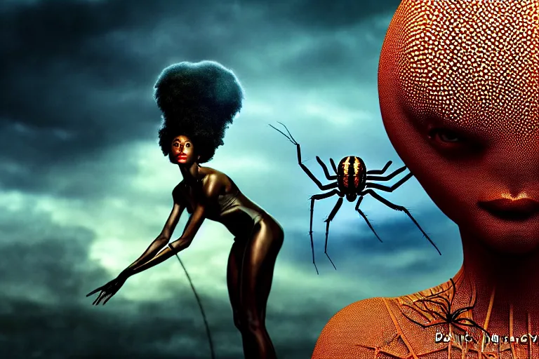 Prompt: realistic detailed photorealistic film portrait shot of a beautiful black woman with a giant spider, sci fi city landscape background by denis villeneuve, amano, yves tanguy, alphonse mucha, ernst haeckel, david lynch, edward robert hughes, roger dean, cyber necklace, dynamic pose, rich moody colours, wide angle