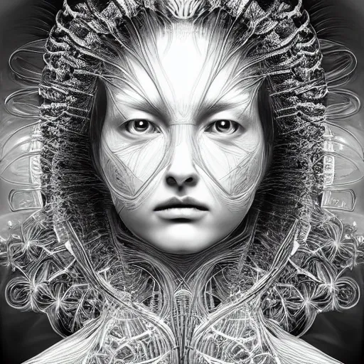 Image similar to hyper detailed bw linear pencil drawing, woman portrait, organic symmetric shapes by ernst haeckel, unreal engine