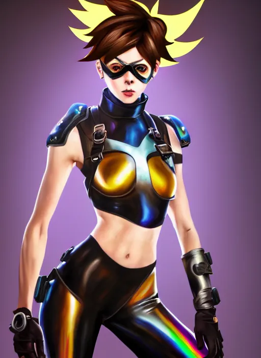 Image similar to oil painting digital artwork of tracer overwatch, confident pose, wearing black iridescent rainbow latex, 4 k, expressive happy smug expression, makeup, in style of mark arian, wearing leather collar, wearing sleek armor, black leather harness, expressive detailed face and eyes,