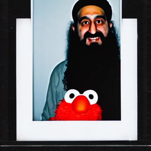 Prompt: polaroid photo of osama bin laden posing with elmo