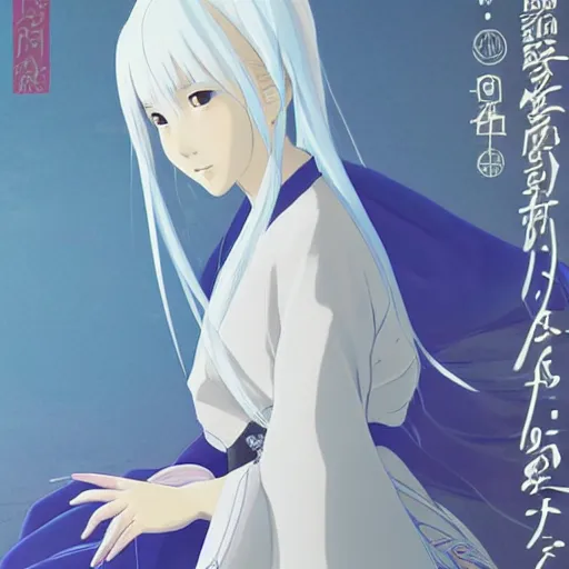 Image similar to Portrait of a japanese princess young lady, with white hair and bangs!!!! beauty artwork by Makoto Shinkai, Studio Ghibli, white hair, ayaka genshin impact, ayaka, ayaka game genshin impact, ayaka, extremely detailed, beautiful, establishing shot, artistic,