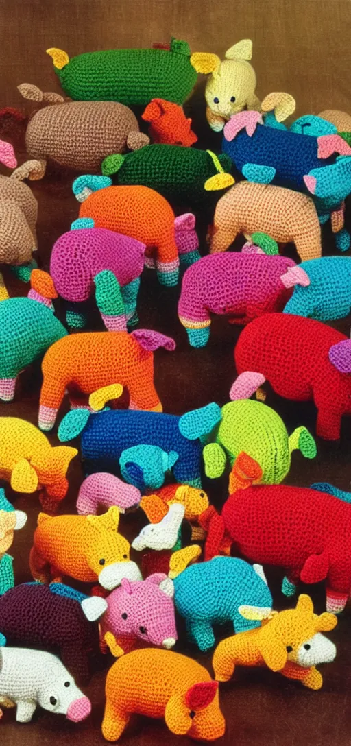 Image similar to multicolored crocheted pigs, 1 9 8 0 s catalogue photo