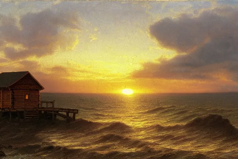 Image similar to sunset over a wooden cabin on the coast in the distance, sea, waves, oil painting, very detailed, colorful, cinematic lighting, albert bierstadt, theodor kittelsen, trending on artstation