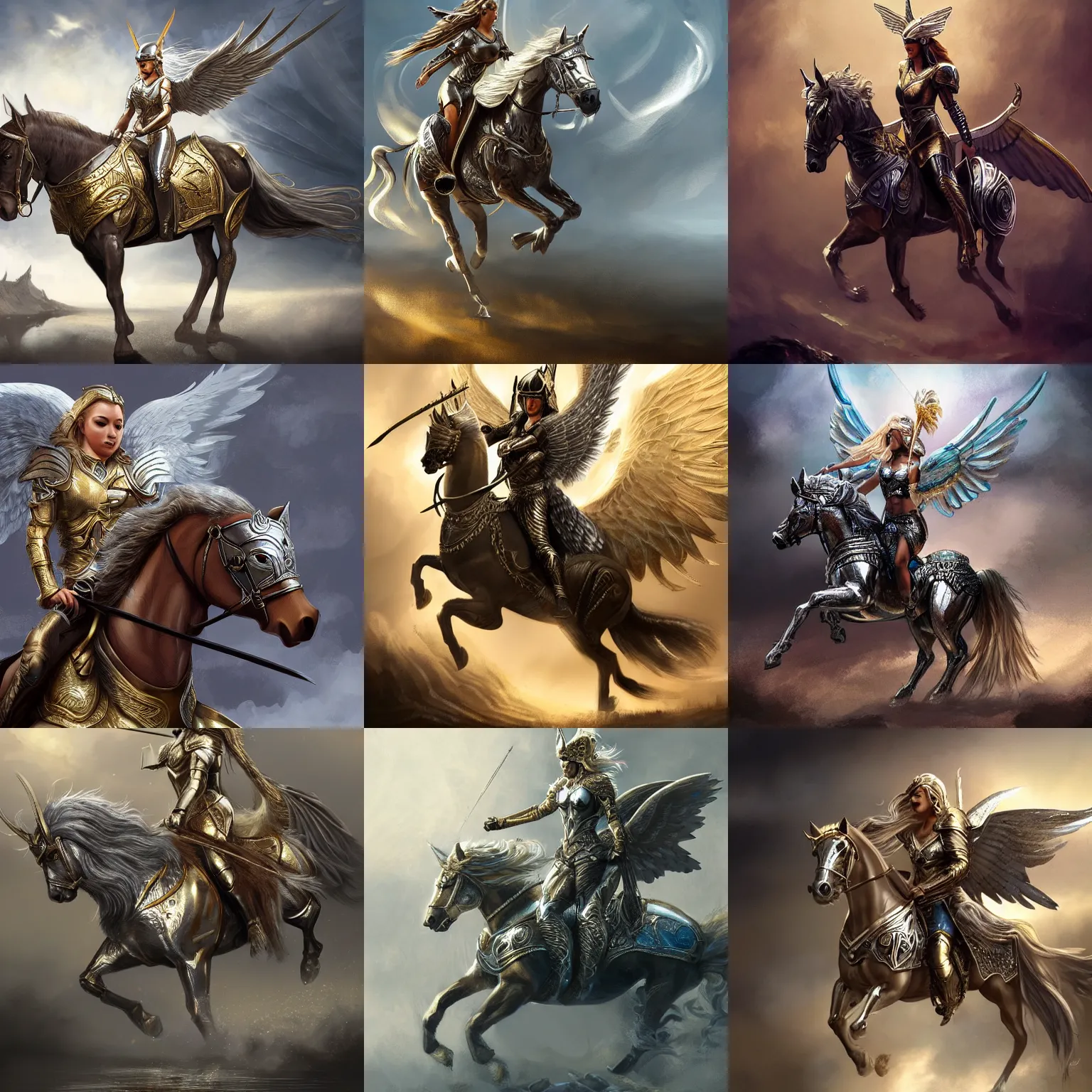 Prompt: Valkyrie riding a horse with wings, metallic silver and gold reflected armor, mythical, intricate, highly detailed, digital painting, artstation, concept art