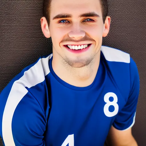 Image similar to a portrait of a young Caucasian man smiling with short brown hair that sticks up in the front, blue eyes, groomed eyebrows, tapered hairline, sharp jawline, wearing a volleyball jersey, sigma 85mm f/1.4, 15mm, 35mm, 4k, high resolution, 4k, 8k, hd, highly detailed, full color, Kodak Kodachrome Film