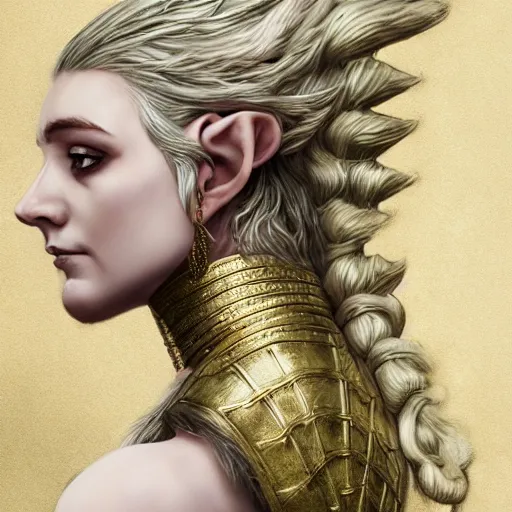 Image similar to side portrait of a female elven warrior, fantasy, head tilted down, white hair, gold armour, gold jewelry, white skin, detailed face, trending on artstation, gsociety, D&D, elegant, highly detailed, sophisticated, hyperrealistic, detailed illustration, smooth, sharp focus, upper body, intricate, rule of thirds, holy glow, backlit, hd 4k by Greg Rutkowski, Charlie Bowater, Karol Bak