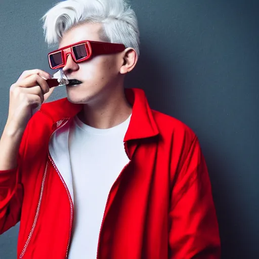 Image similar to young man in red jacket and white shirt, white hair, round goggles, smoking cigarette, character portrait, sharp focus, 4 k