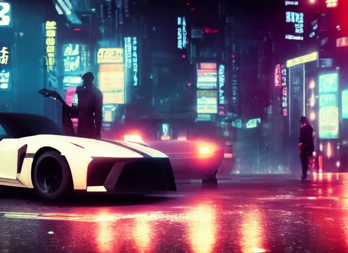 Prompt: Bladerunner2049 street racing man leaning cool pose on his white sports car with red emissives volumetric lighting Cyberpunk RTX ray marching street atmospheric cinematic screen cap street Tokyo slightly foggy Ryan Church Roger Deakins RX7 FD S15 GTR R35 Nismo