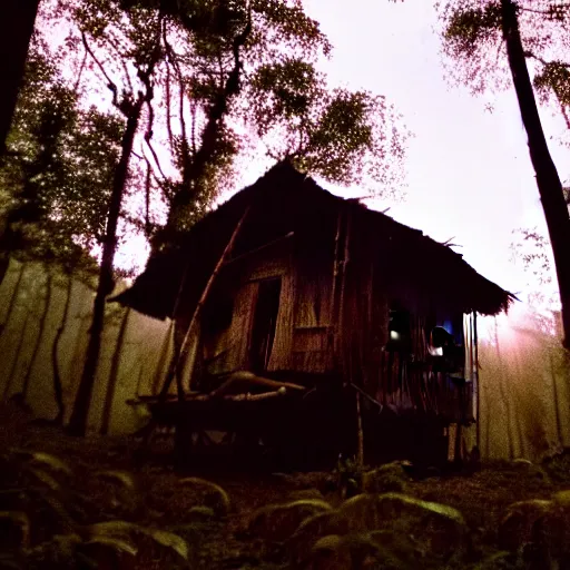 Image similar to a cinematic movie shot of a rustic multi-story ramshackle hut in the magical forest