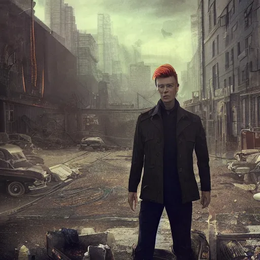 Image similar to fallout 5, charismatic david bowie, portrait, outdoors ruined cityscape, atmospheric lighting, painted, intricate, volumetric lighting, beautiful, daytime, sunny weather, slight overcast, sharp focus, deep colours, ultra detailed, by leesha hannigan, ross tran, thierry doizon, kai carpenter, ignacio fernandez rios