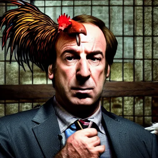 Image similar to saul goodman and a rooster in a medieval torture chamber, saw blades and knives in the background, horror movie, saul goodman!, rooster!!!!, real life photo, highly detailed face