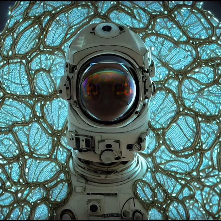 Image similar to a cybernetic symbiosis of a single astronaut mech-organic eva suit made of pearlescent wearing knitted shiny ceramic multi colored yarn thread infected with diamond 3d fractal lace iridescent bubble 3d skin dotted covered with orb stalks of insectoid compound eye camera lenses floats through the living room, film still from the movie directed by Denis Villeneuve with art direction by Salvador Dalí, wide lens,kevlar,carbon fiber,ceramics,gaseous materials,