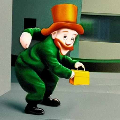Image similar to cctv footage of a leprechaun robbing a bank