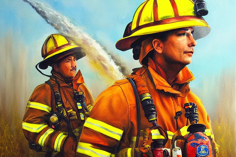 Prompt: fireman jeck, painting, ultra realistic!!!, clear weather, golden hour, sharp focus