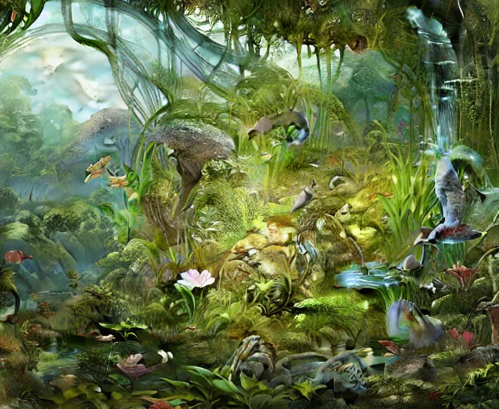 Image similar to transparent clear see - through image of mollusks, lush botany, orchids, ferns, garden environment, ultra realistic, concept art, art nouveau, photorealistic, octane render, 8 k, unreal engine. art by gustave dore and nori inoguchi and sam kaplan and zachary goulko and christopher marley and artgerm and alphonse mucha