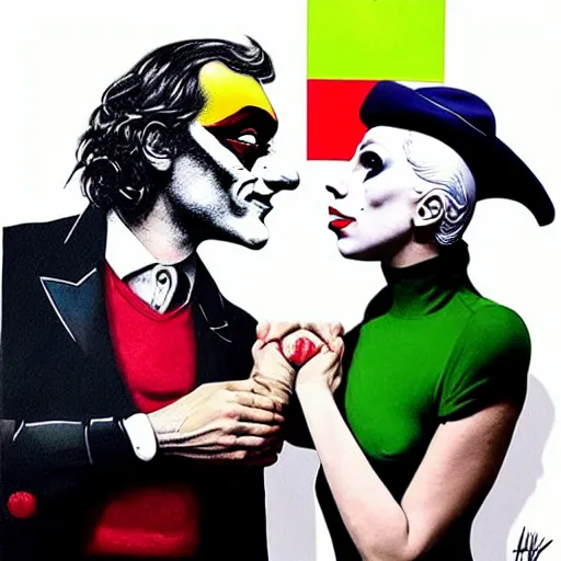 Prompt: richard hamilton and mimmo rottela and banksy as joaquin phoenix skinny joker holding hand lady gaga harley queen, ultra photorealistic, intricate details, pop art style, baroque, baroque, balance composition, concept art, ultrarealistic, 3 colors, smooth, sharp focus