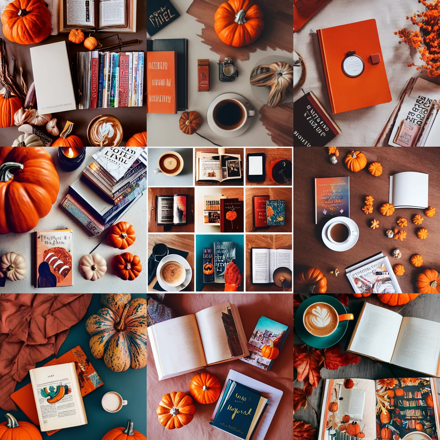 Prompt: flatlay book collection, vivid colors, dramatic lighting, pumpkin spice latte