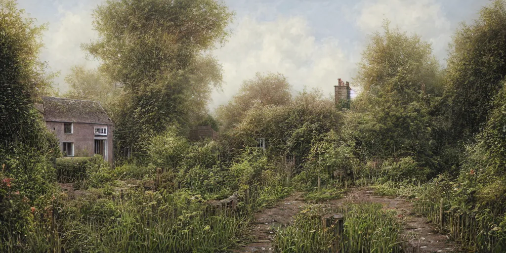 Prompt: A detailed painting of an abandoned building house garden by Lee madgwick. Shrubs. Graffiti. Set in an English countryside landscape. by Lee madgwick