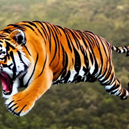 Image similar to a tiger jumping off a cliff with a parachute